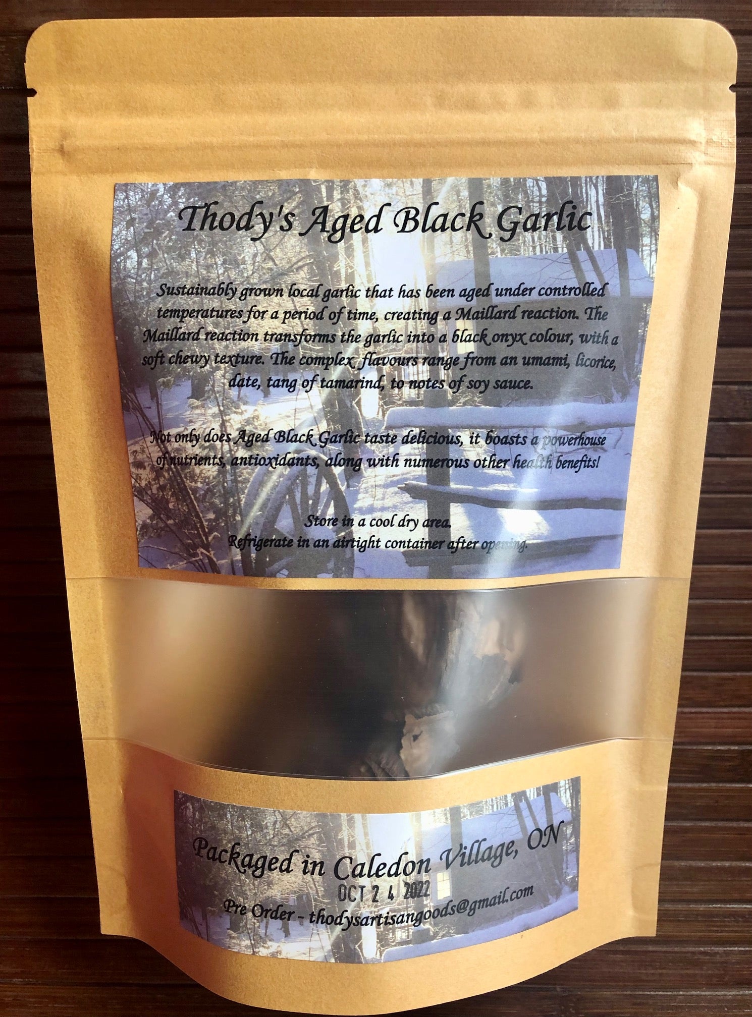 Thody's Artisan Goods, aged black garlic package containing two bulbs